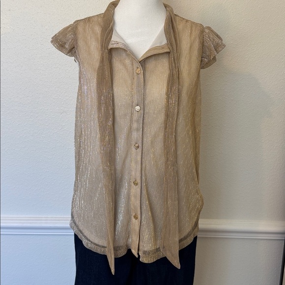 Draper James Gold Button Down Blouse with Bow Detail and Ruffle Cap Sleeves - Picture 3 of 7